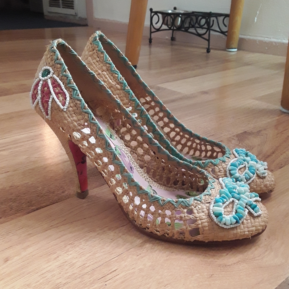 Betsey Johnson Wicker Style Beaded Heels Shoes